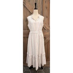 J.Crew Metallic Stripe Ruffle Midi Dress White Pink Blue Gold BY526 Womens 8 NEW